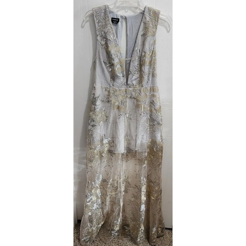 Bebe Women's Formal Maxi Illusion Dress Gold/Silver Floral Embroidered Sz Medium